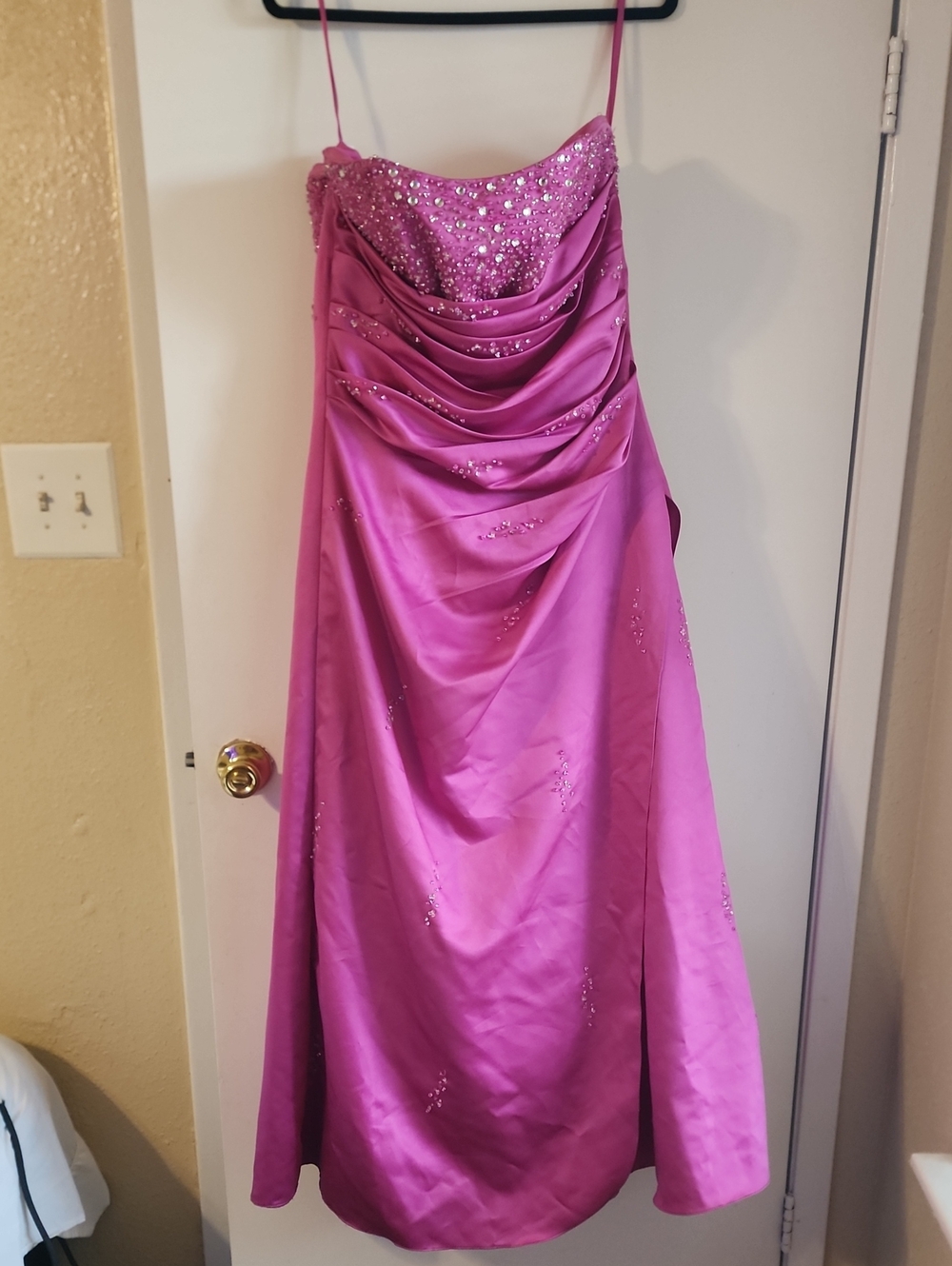 Fuchsia Beaded Draped Maxi Dress with Spaghetti Straps